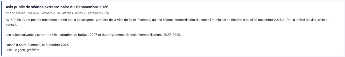 Avis publics intégrés au site de la ville