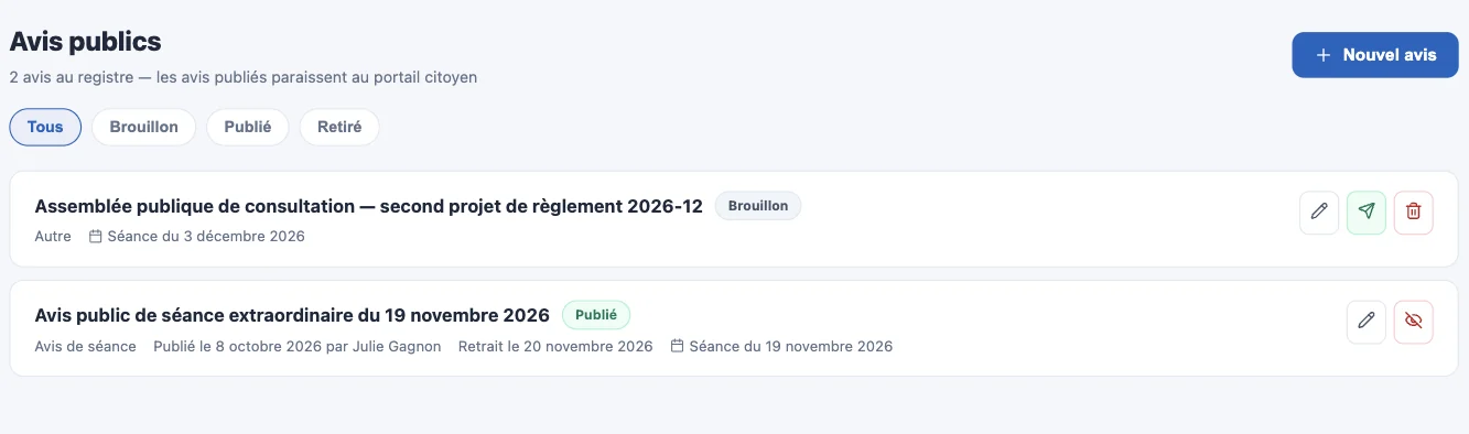 Registre des avis publics