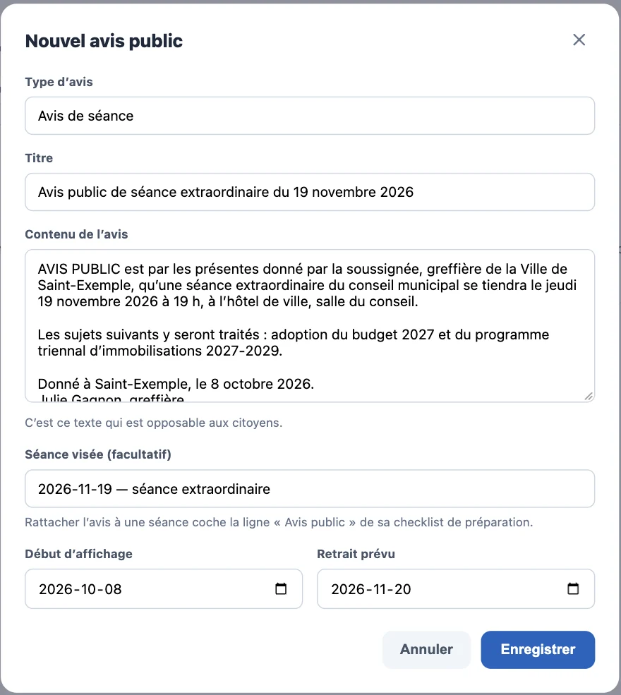Fenêtre Nouvel avis public