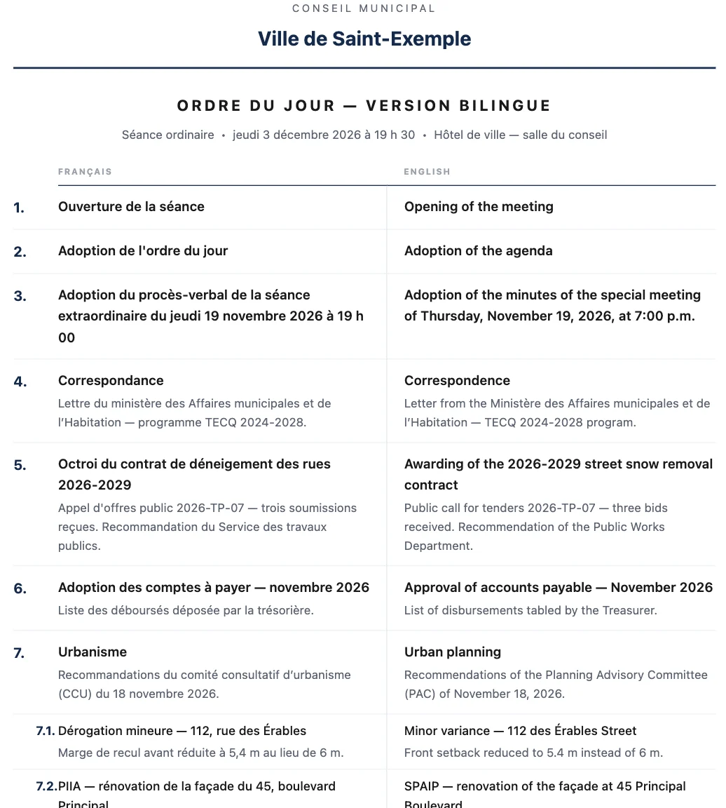 Ordre du jour — version bilingue