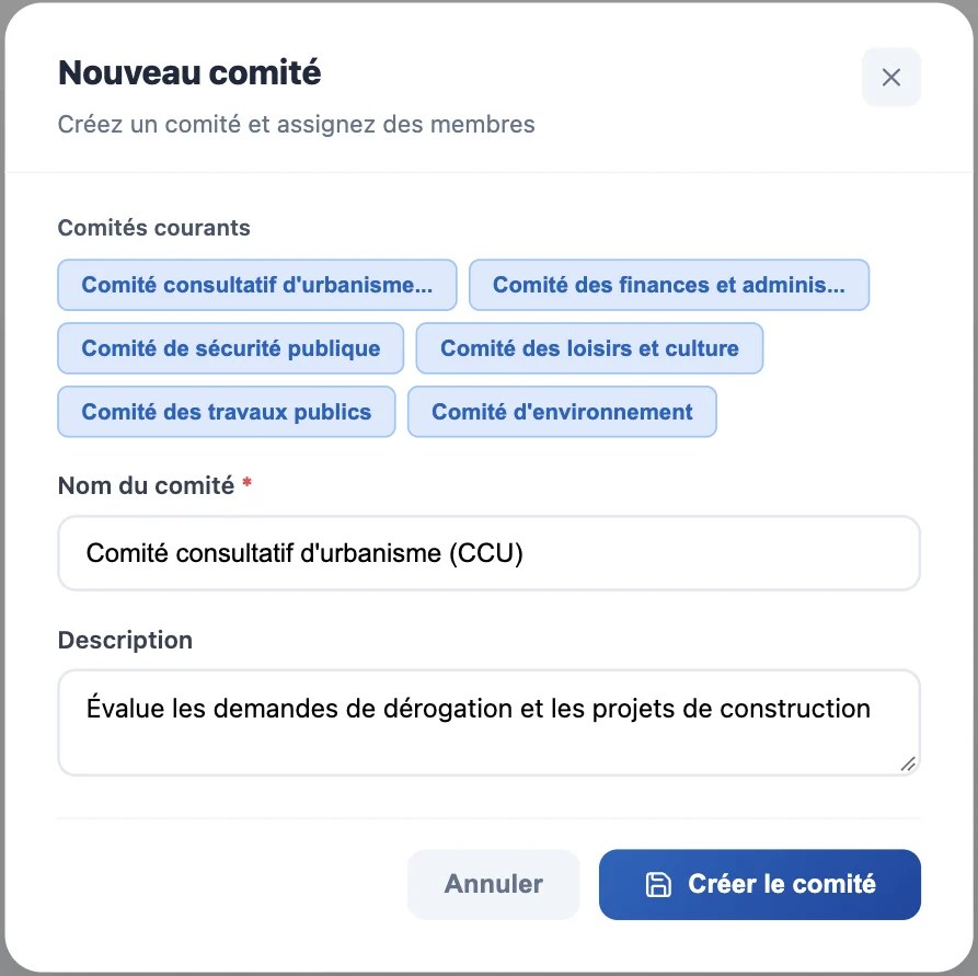 Fenêtre Nouveau comité