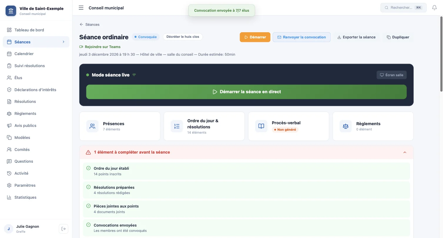 Fiche de séance juste après la convocation
