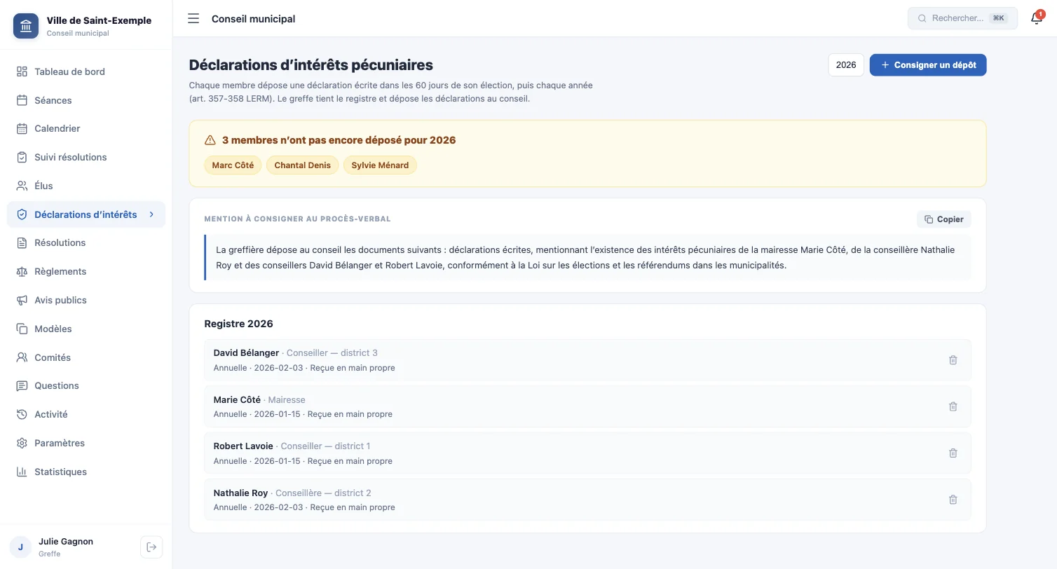 Registre des déclarations d'intérêts 2026
