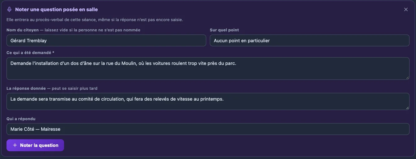 Formulaire Noter une question posée en salle