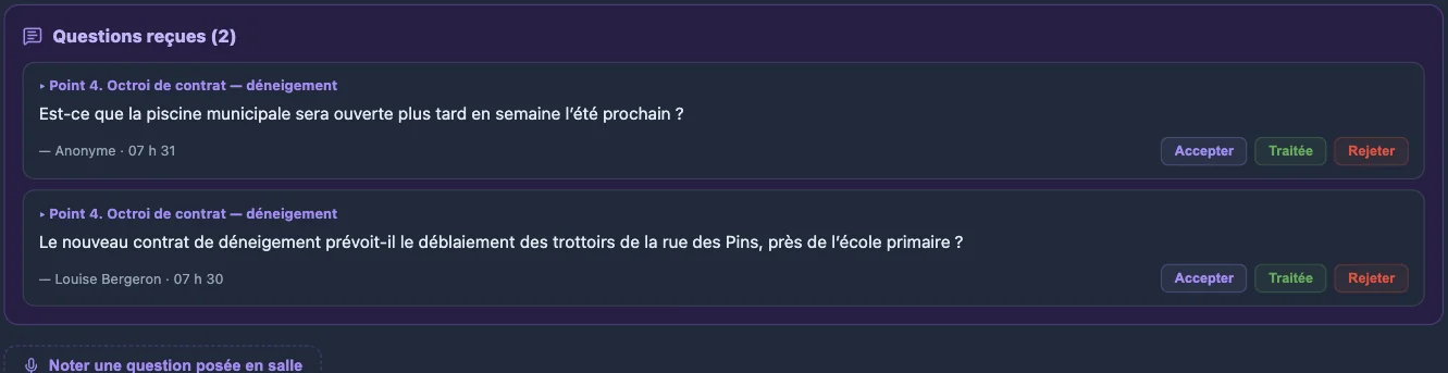 Questions reçues dans la console