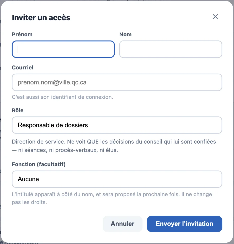 Fenêtre Inviter un accès