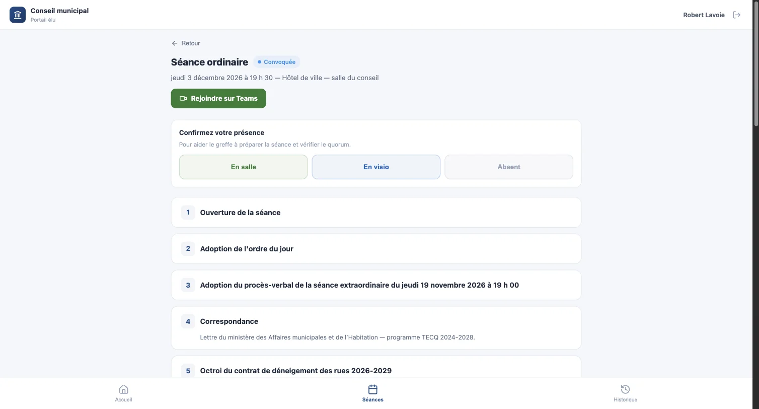 Fiche d'une séance convoquée, avec le bouton Rejoindre sur Teams
