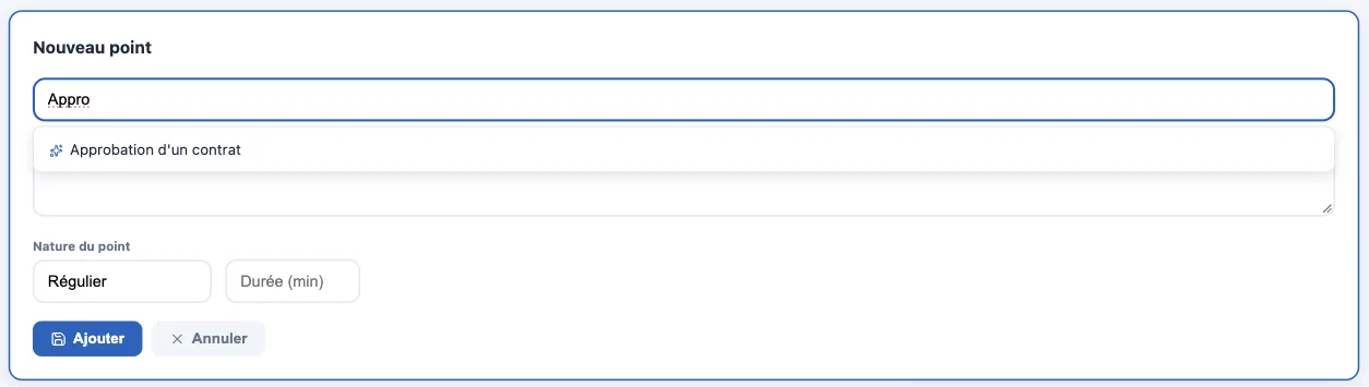 Formulaire Nouveau point avec une suggestion de titre