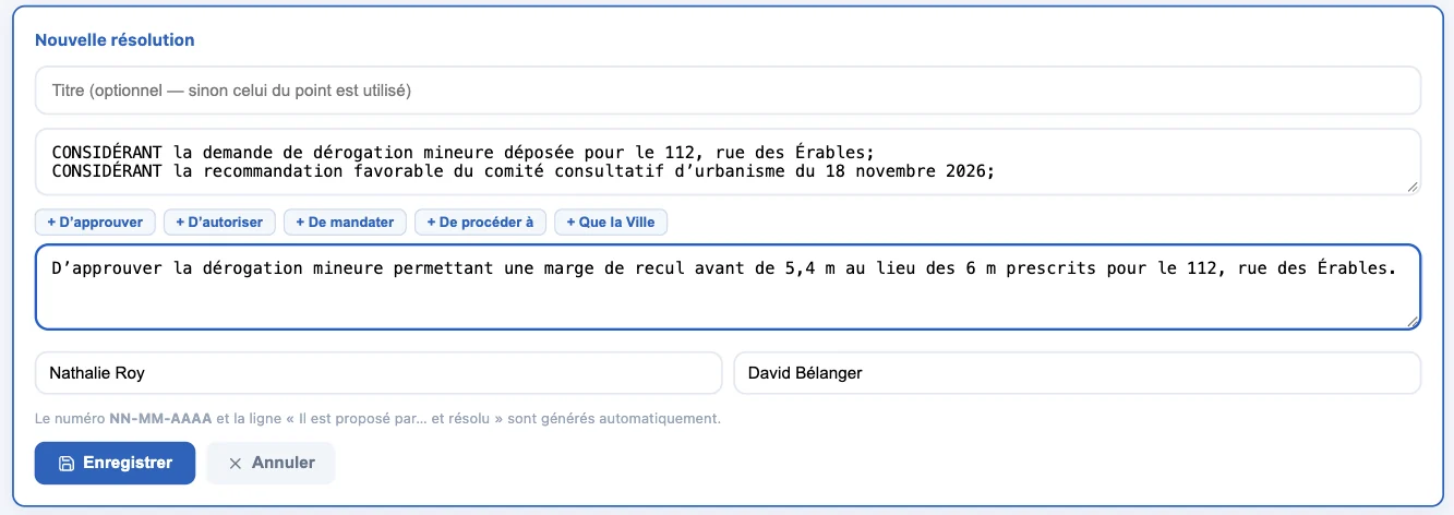 Formulaire Nouvelle résolution rempli