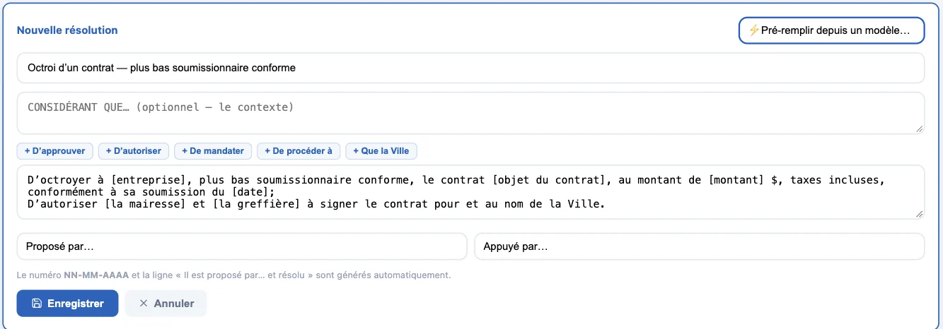 Résolution pré-remplie depuis un modèle