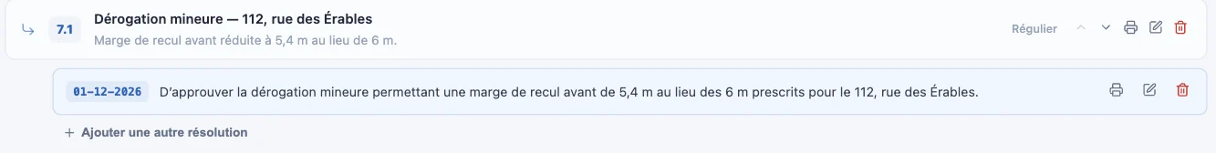Résolution enregistrée, numérotée 01-12-2026