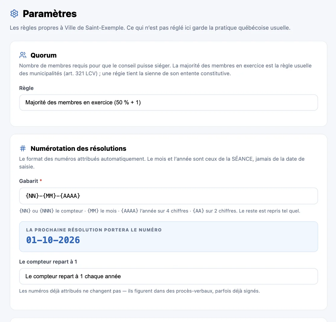Paramètres : quorum et numérotation