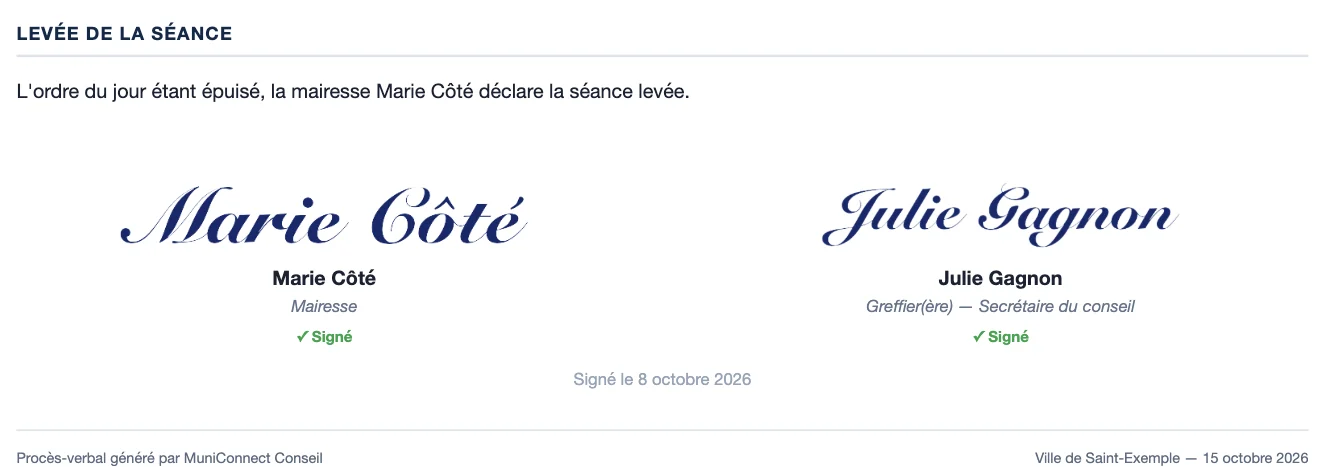 Bloc de signatures du PV signé