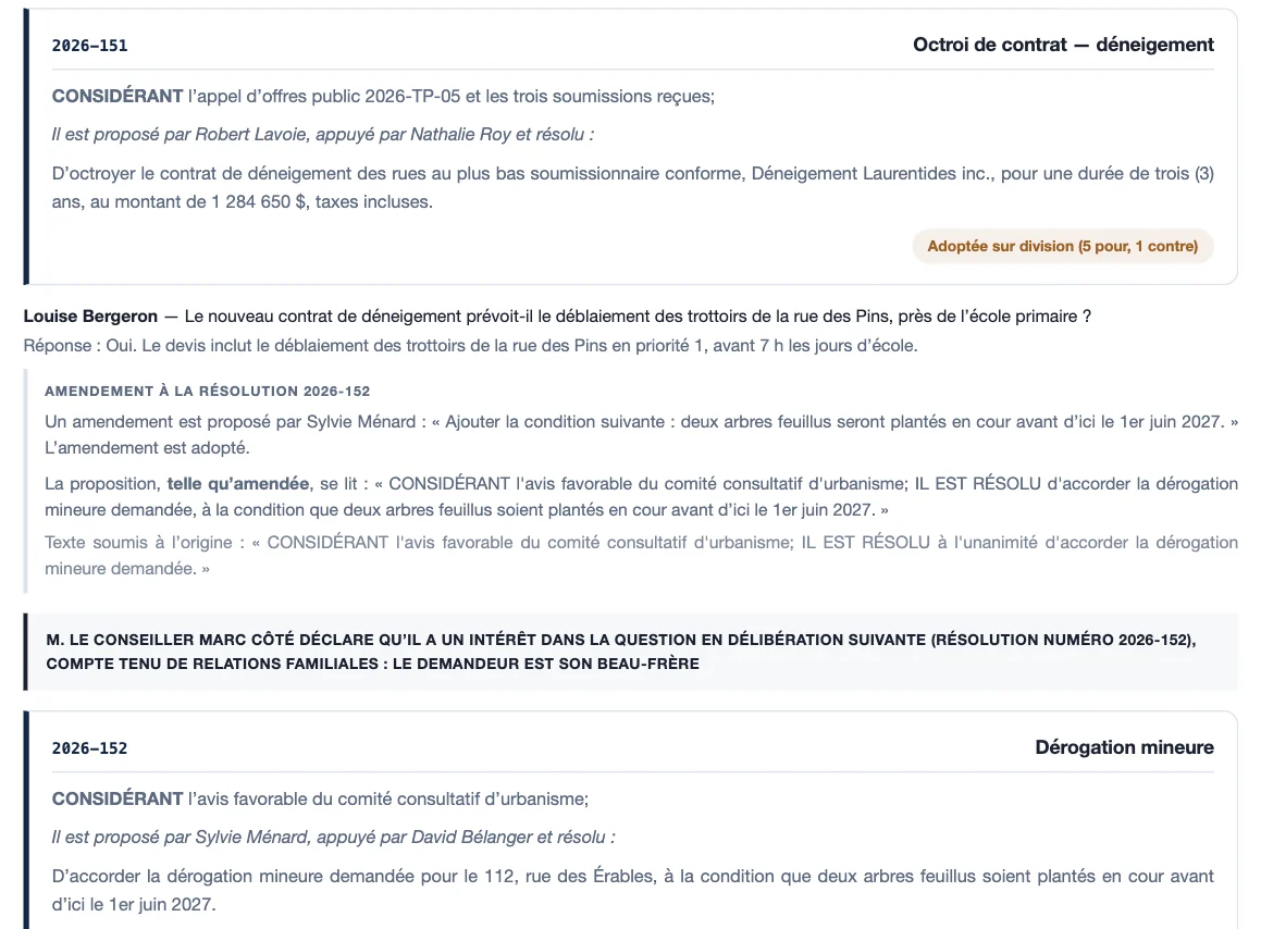 Délibérations : résolutions, question du public, amendement, conflit d'intérêts