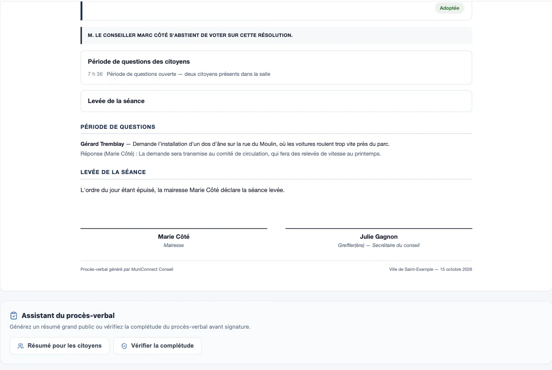 Fin du procès-verbal : période de questions, levée, signatures, assistant