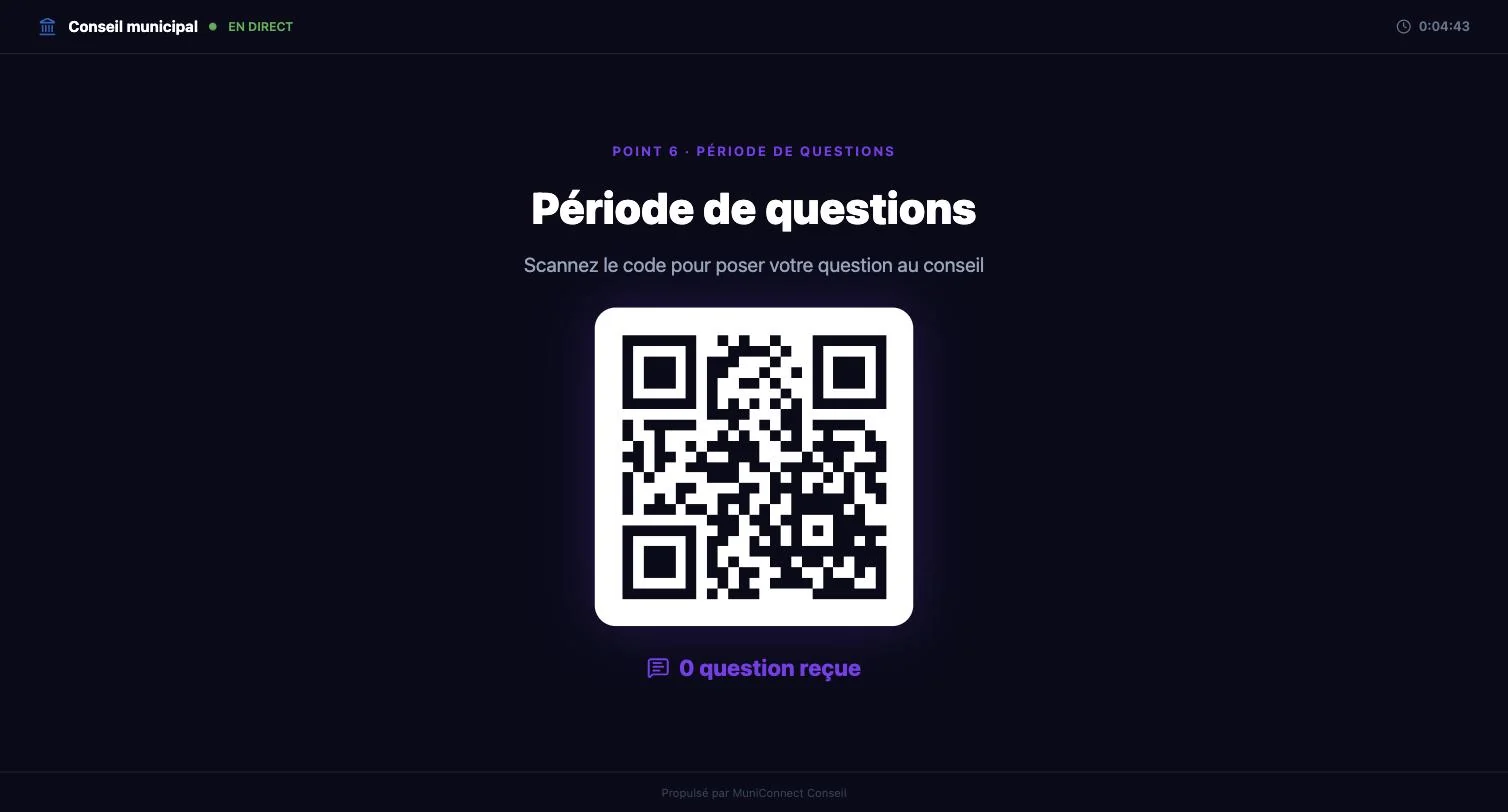 Écran de salle : période de questions avec le grand code QR