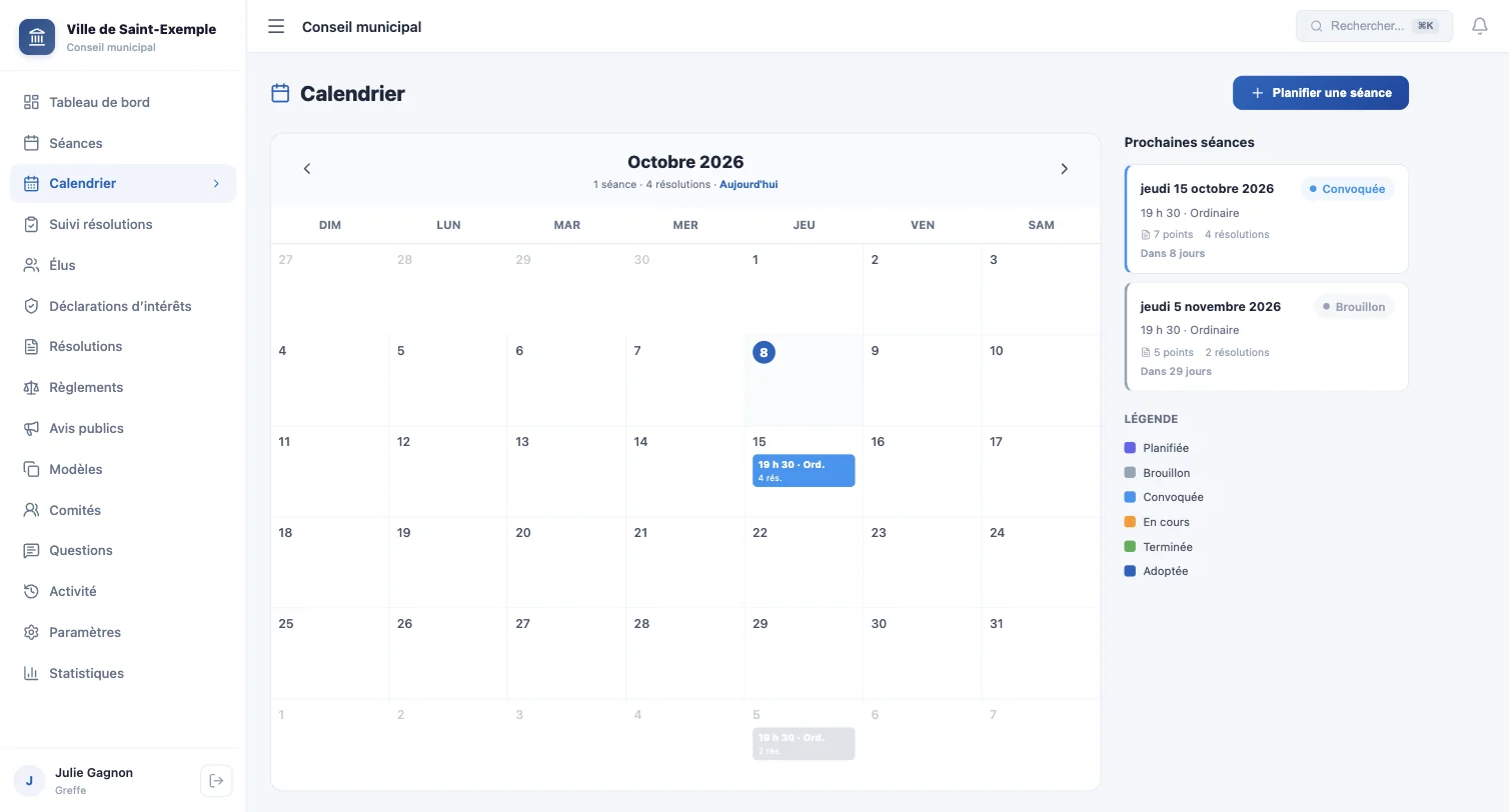 Calendrier mensuel avec les séances en pastilles de couleur