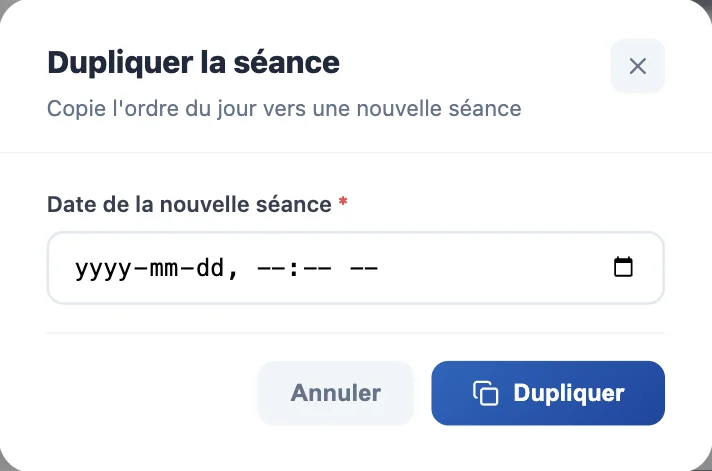 Fenêtre Dupliquer la séance