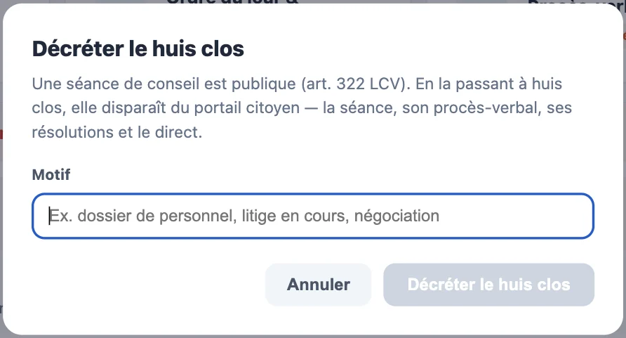 Fenêtre Décréter le huis clos