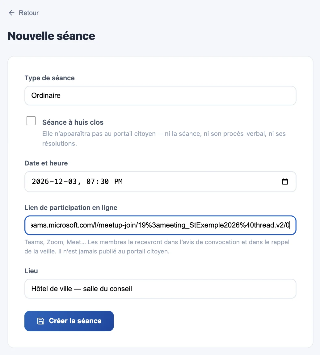 Formulaire Nouvelle séance avec lien Teams