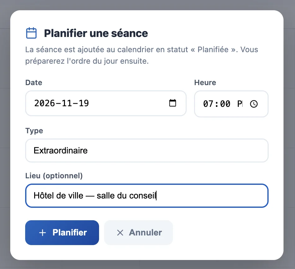 Fenêtre Planifier une séance