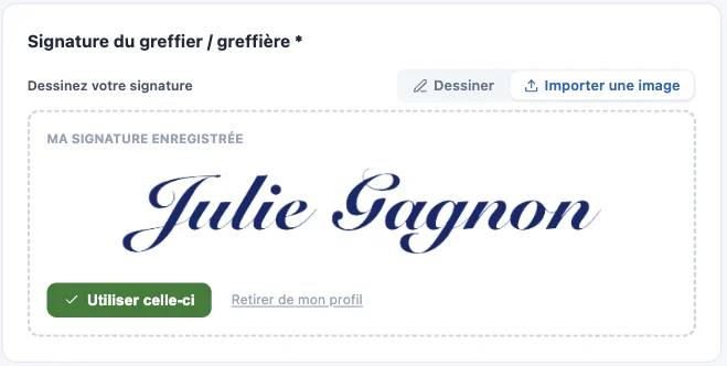 Ma signature enregistrée, bouton Utiliser celle-ci