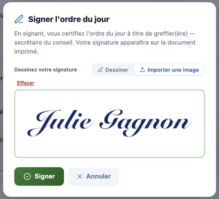 Fenêtre de signature avec une signature importée